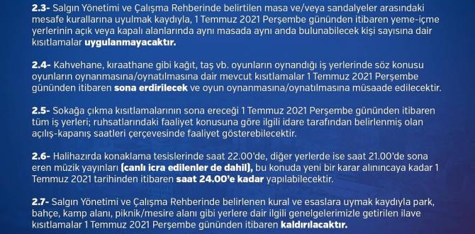 1 Temmuz itibariyle Kademeli Normalleşme Tedbirleri
